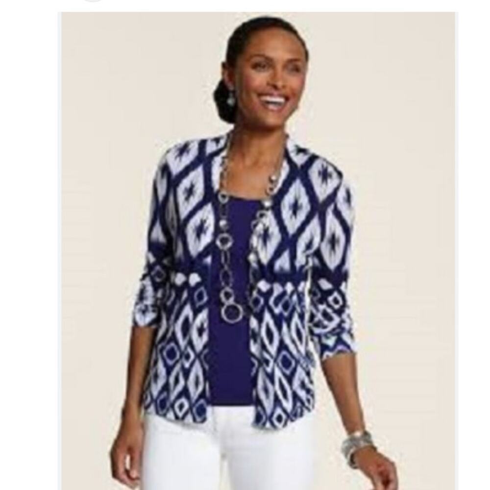 Chico's Ikat Kimber Open Cardigan Lightweight Blue White Size 2 / Large